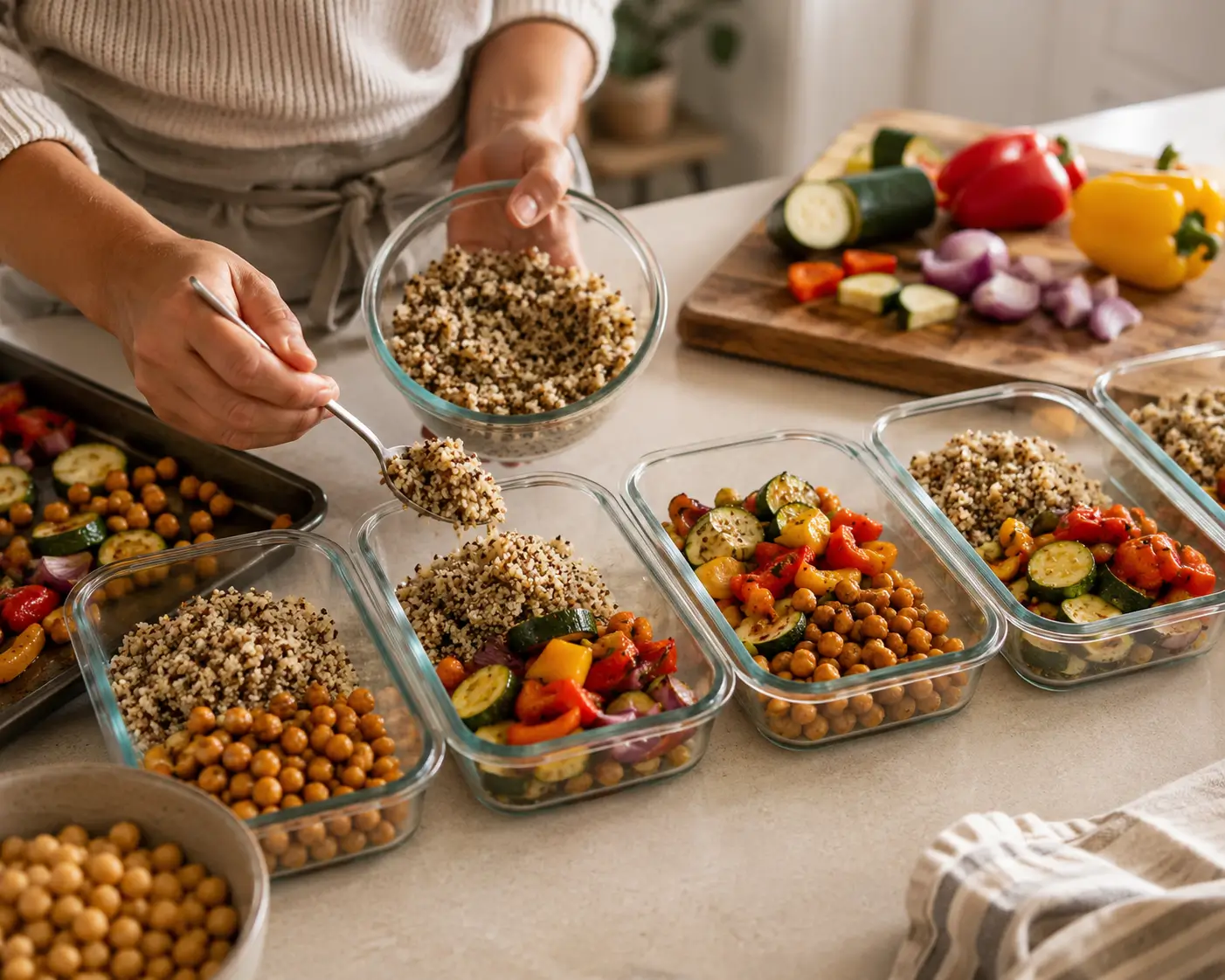 A person wearing an apron scooping quinoa into glass containers filled with roasted chickpeas and vegetables, demonstrating an easy vegetarian meal prep routine in a kitchen.