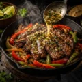 Professional photo of Pappasito's Fajita Recipe sizzling Pappasito's style beef fajitas with charred skirt steak, bell peppers, and melted garlic butter on a hot cast-iron skillet.