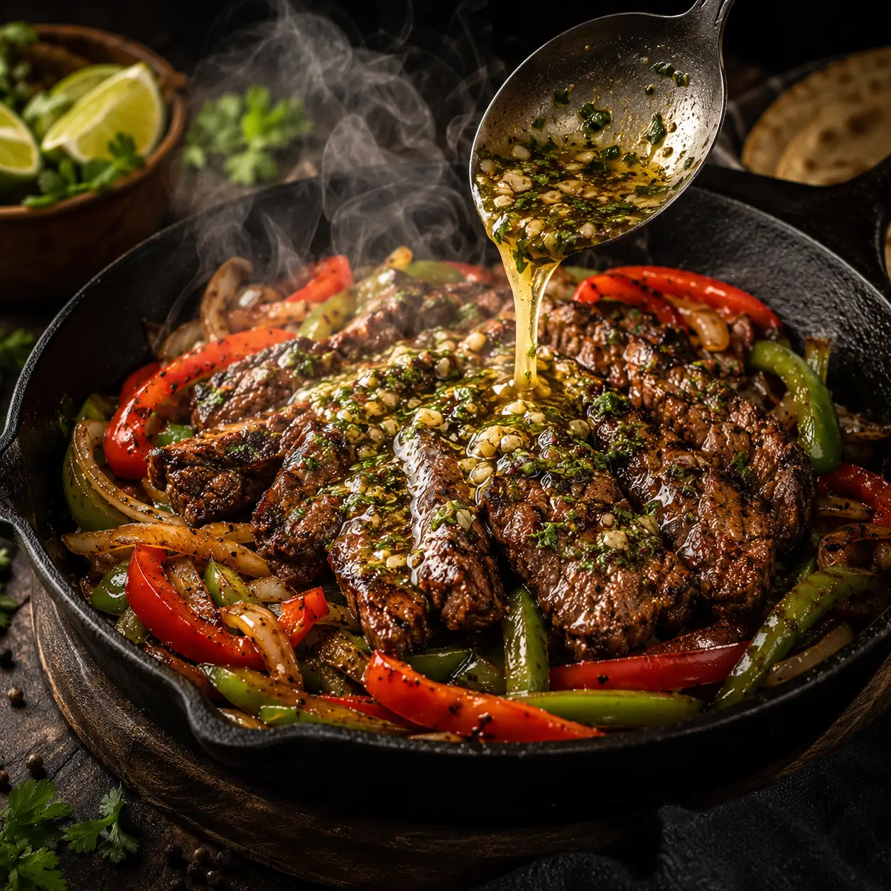 Professional photo of Pappasito's Fajita Recipe sizzling Pappasito's style beef fajitas with charred skirt steak, bell peppers, and melted garlic butter on a hot cast-iron skillet.