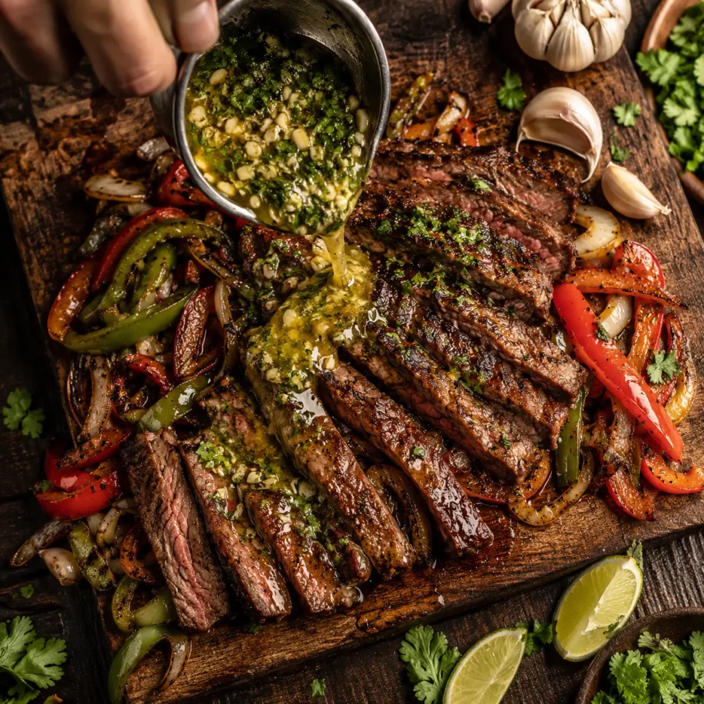 Close-up of melted garlic butter and white wine sauce being poured over perfectly sliced tender skirt steak fajitas.