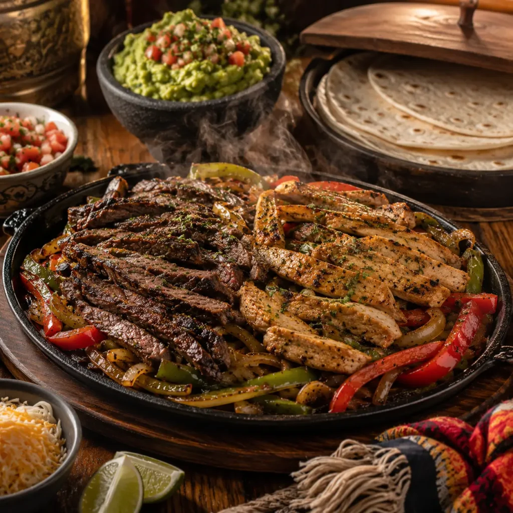 Restaurant-style serving of mixed beef and chicken fajitas with warm tortillas, guacamole, and vibrant side dishes.