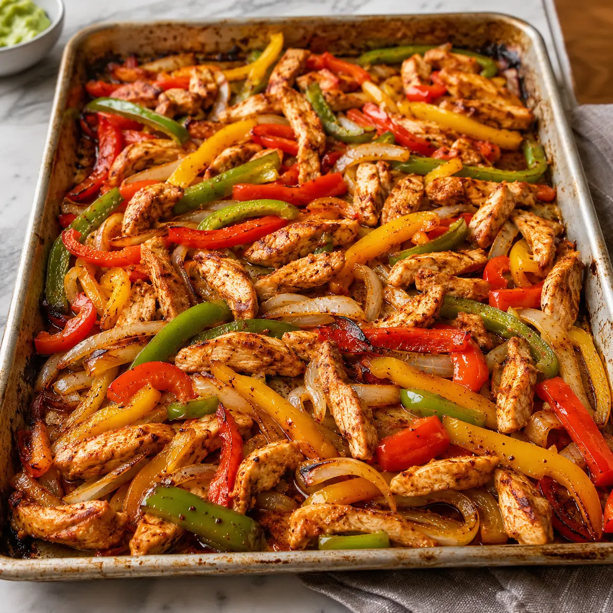 Freshly baked oven chicken fajita recipe on a large metal sheet pan with colorful bell peppers