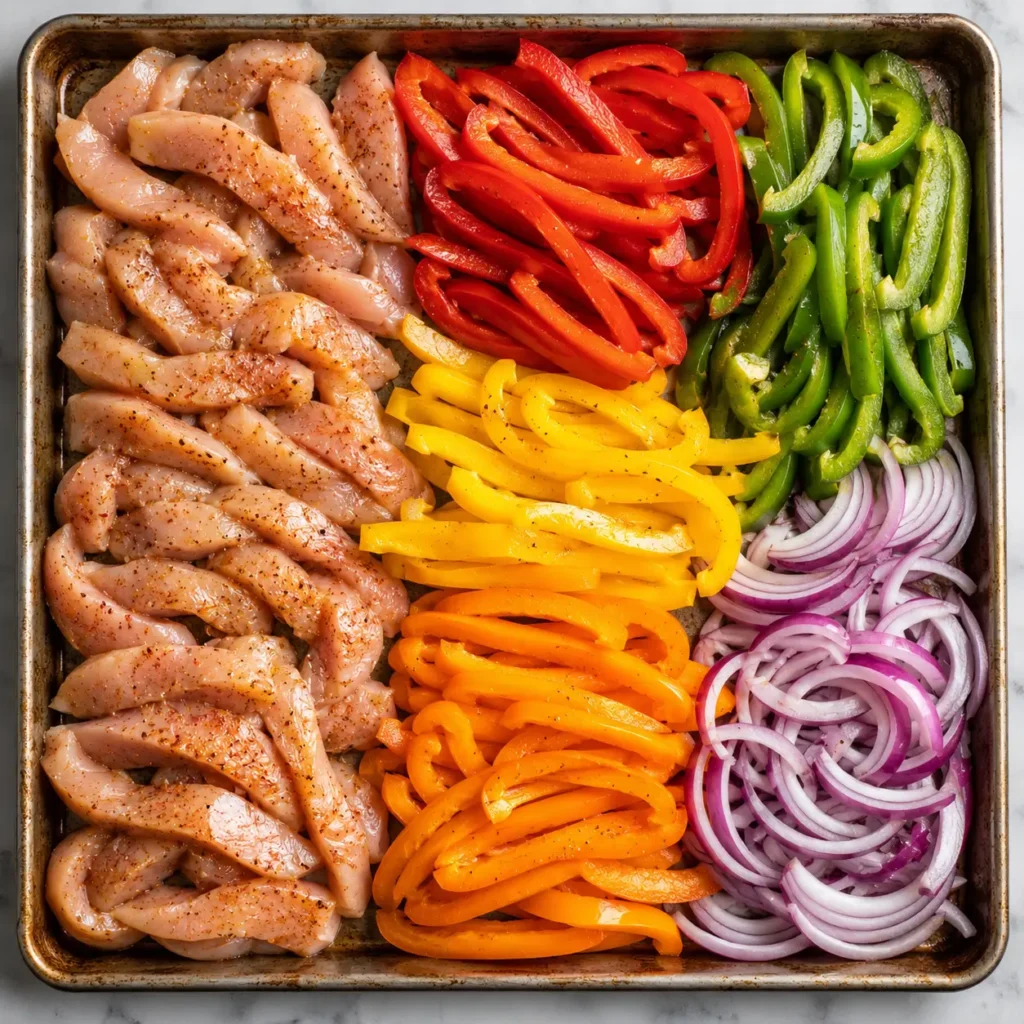 Raw sliced chicken breast, colorful bell peppers, and onions prepped for baking