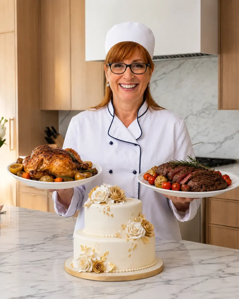 Professional chef in a modern kitchen holding roasted chicken and beef platters behind a marble countertop with an elegant homemade two-tier cake.