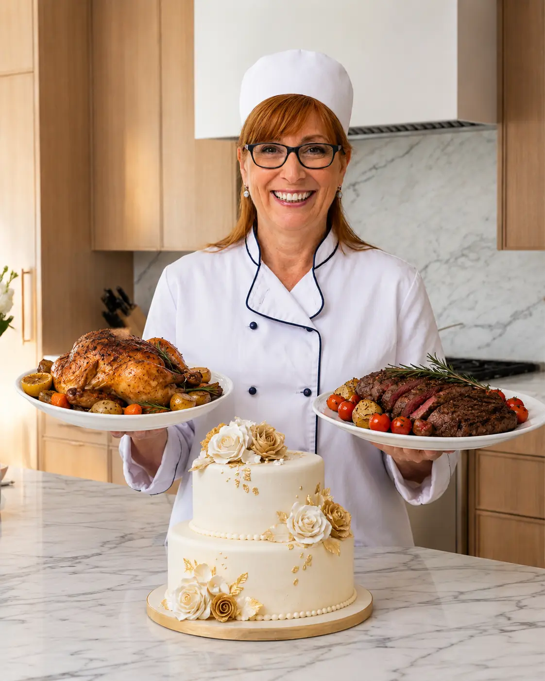 Professional chef in a modern kitchen holding roasted chicken and beef platters behind a marble countertop with an elegant homemade two-tier cake.
