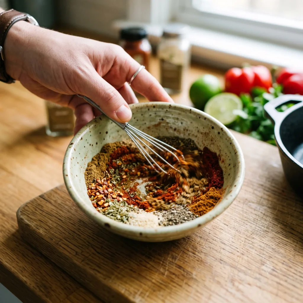 Whisking together the Mexican spice blend for fajitas in a small ceramic bowl.