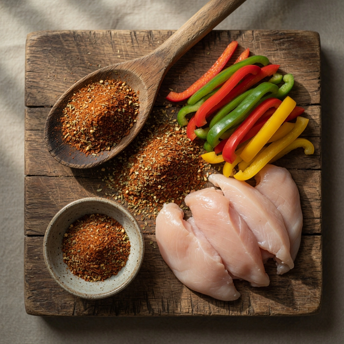 Wooden spoonful of low sodium fajita seasoning recipe next to fresh peppers and chicken.
