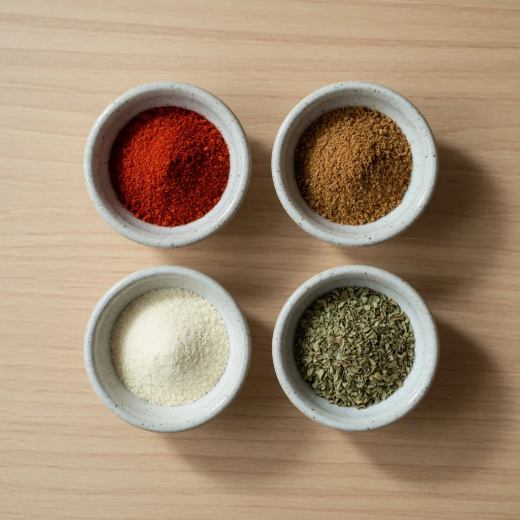 Individual bowls of chili powder, cumin, garlic powder, and oregano for salt-free taco mix.