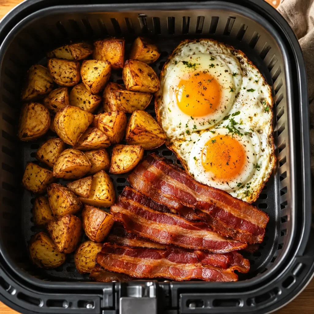 A complete air fryer breakfast featuring crispy potatoes, perfectly cooked eggs, and sizzling bacon in a basket.