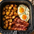 A complete air fryer breakfast featuring crispy potatoes, perfectly cooked eggs, and sizzling bacon in a basket.
