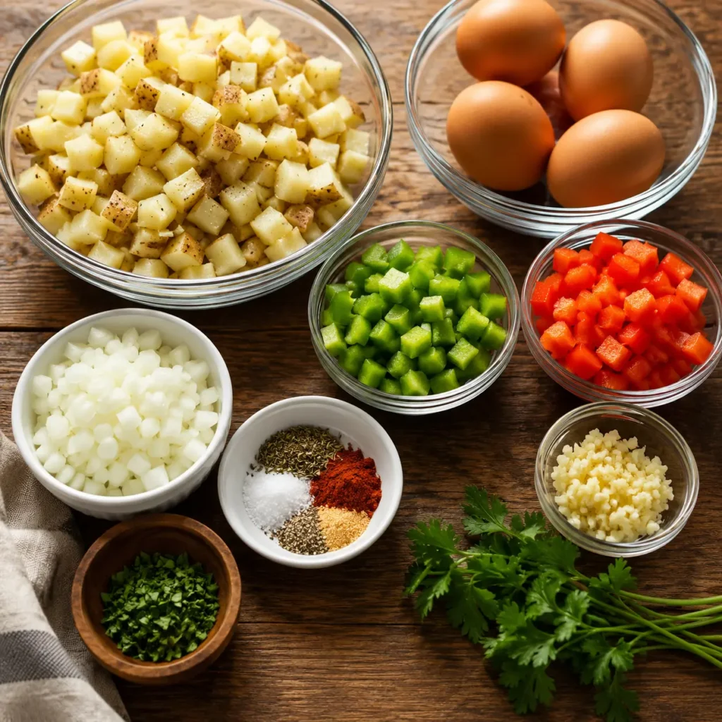 Diced potatoes, bell peppers, fresh eggs, and seasonings prepped for an easy morning meal.
