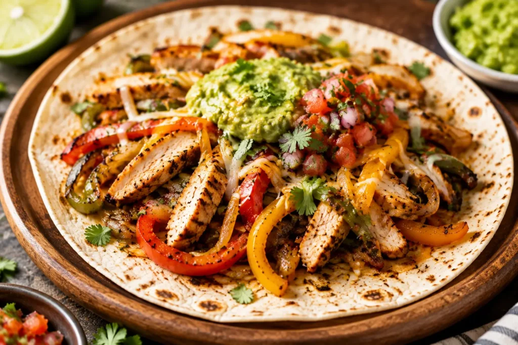 Golden baked sheet pan fajitas with juicy sliced chicken breast, caramelized bell peppers, and sautéed onions fresh from the oven on a stainless steel baking pan