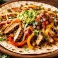 Golden baked sheet pan fajitas with juicy sliced chicken breast, caramelized bell peppers, and sautéed onions fresh from the oven on a stainless steel baking pan