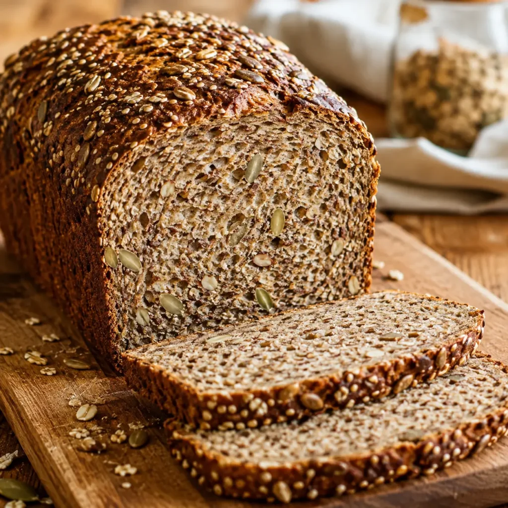 Freshly baked sliced Ezekiel bread loaf showing a dense, seed-studded grain crumb on a wooden cutting board.