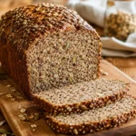 Freshly baked sliced Ezekiel bread loaf showing a dense, seed-studded grain crumb on a wooden cutting board.
