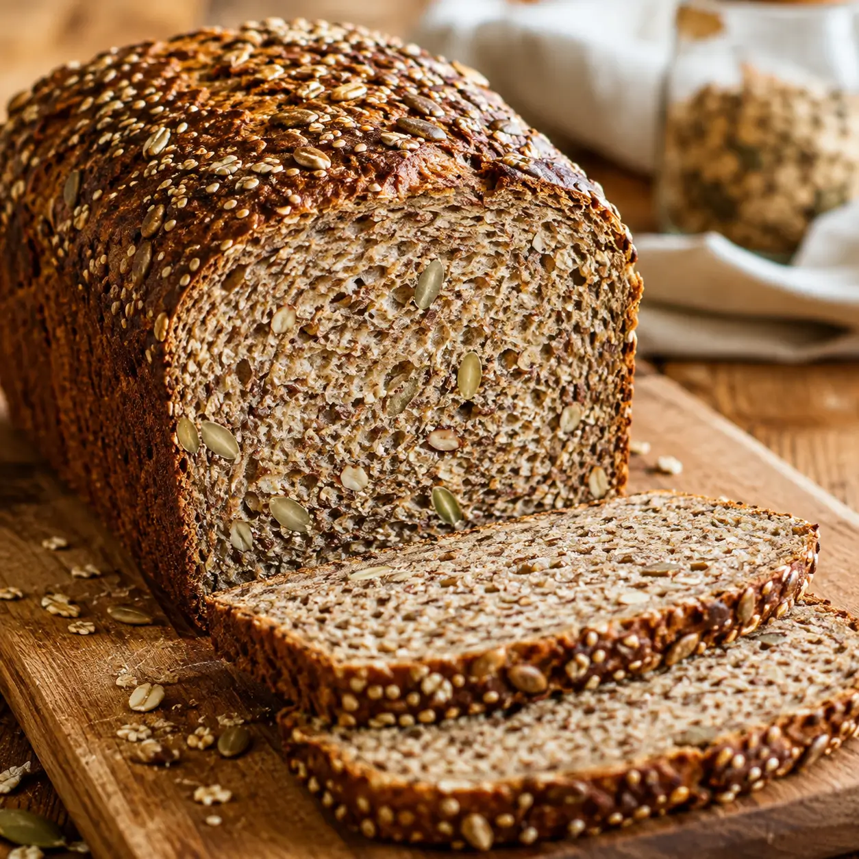 Freshly baked sliced Ezekiel bread loaf showing a dense, seed-studded grain crumb on a wooden cutting board.