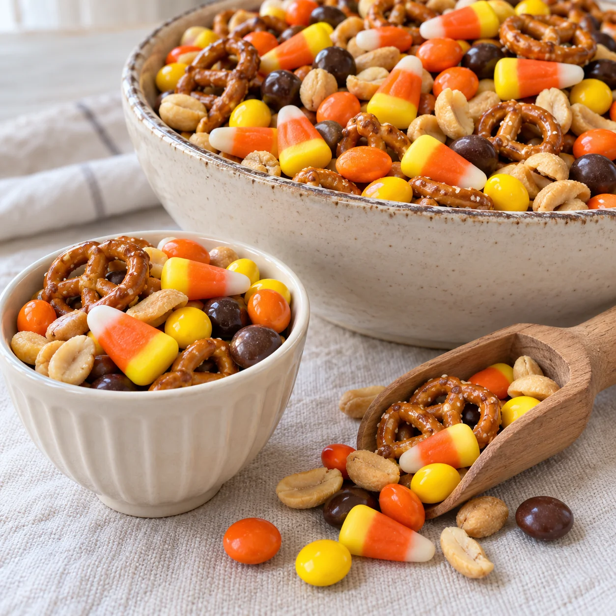 A small cup and wooden scoop filled with sweet and salty candy corn snack mix.