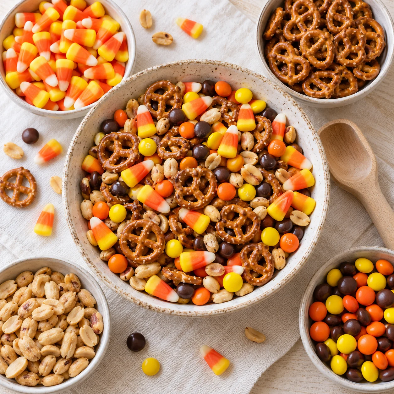 Bowls of pretzels, peanuts, candy corn and chocolate candies beside the finished mix.