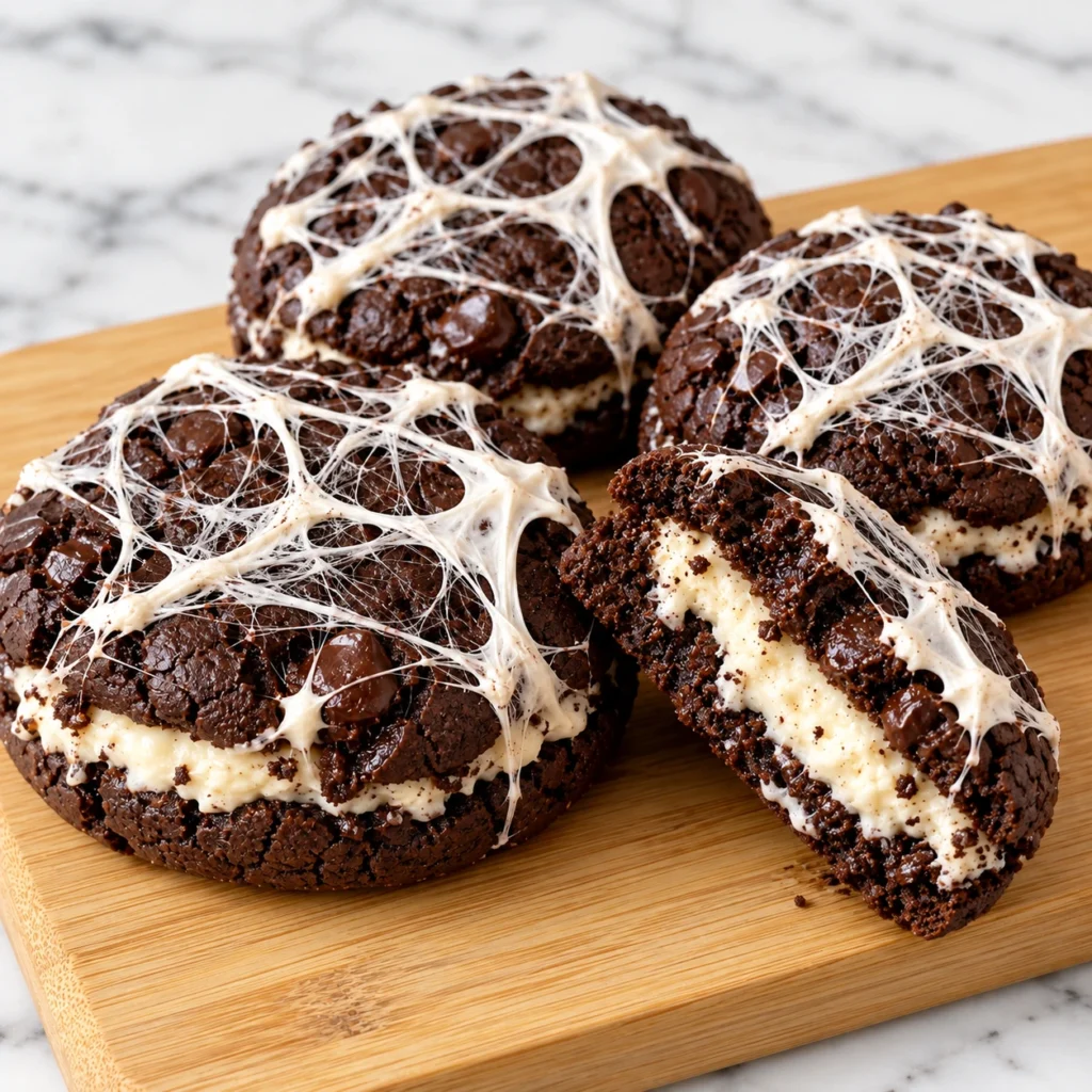spiderweb cheesecake cookies, Halloween cheesecake cookies, Chocolate cheesecake cookies, Cream cheese filled cookies, Spiderweb cookies, Easy Halloween desserts, Halloween cookie recipes, Halloween baking ideas, Chocolate cookie recipe, Make-ahead Halloween desserts, Halloween party treats