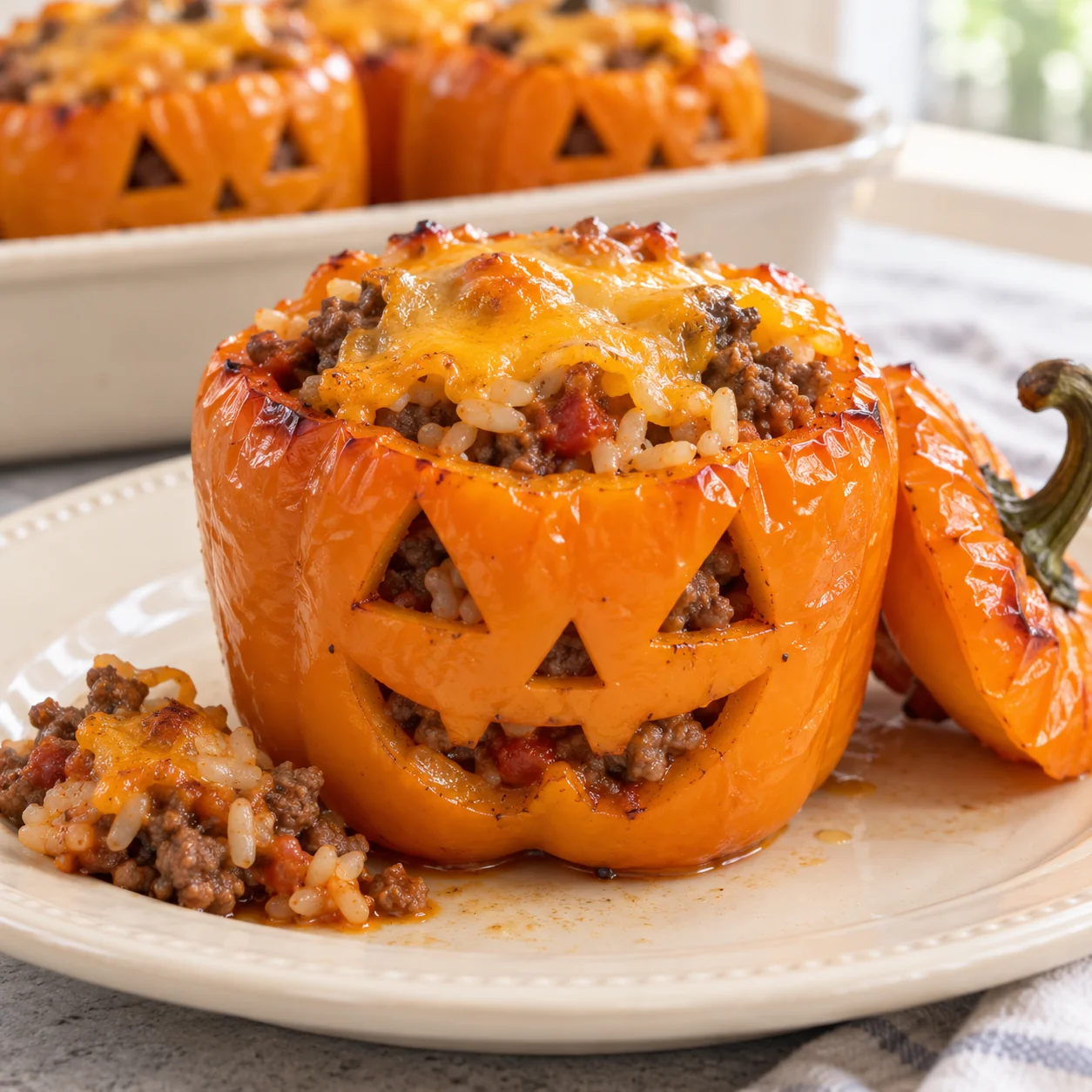Halloween Stuffed Bell Peppers with Beef and Rice — Close-up of a carved orange pepper with cooked beef and rice beneath melted cheddar.