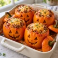 Halloween Stuffed Bell Peppers: finished dish ready to serve.