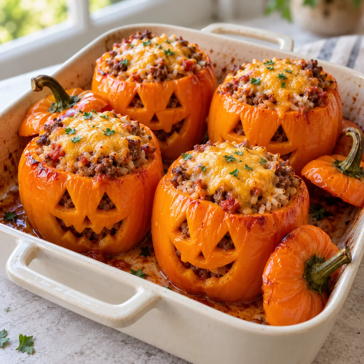 Halloween Stuffed Bell Peppers: finished dish ready to serve.