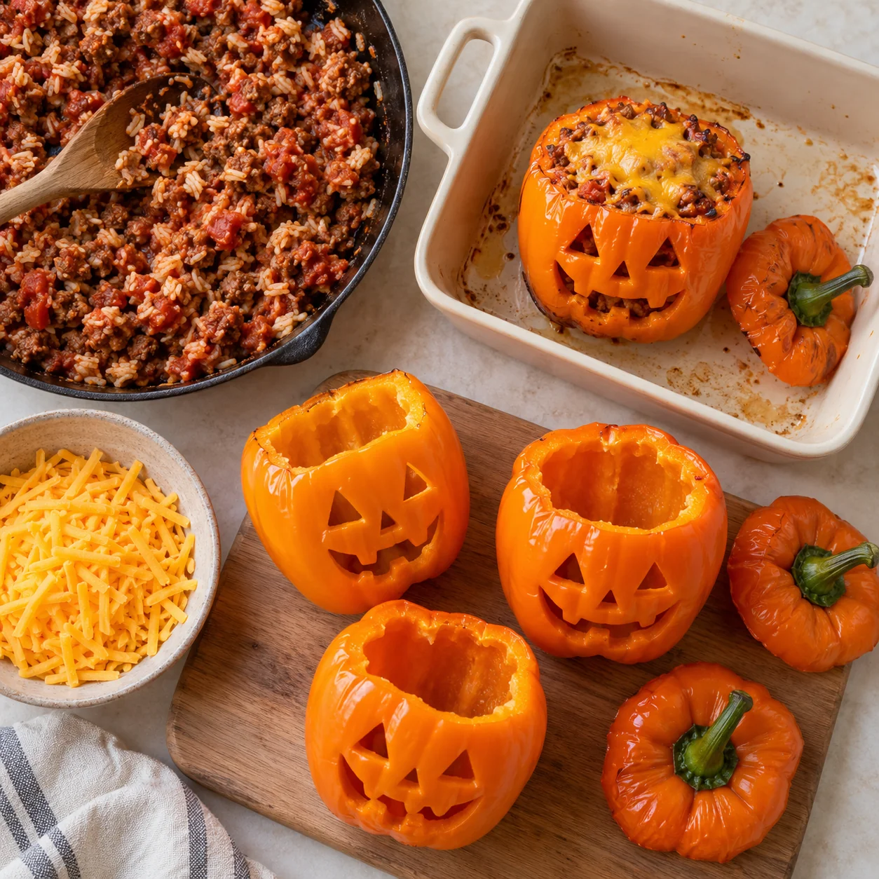 Carved orange peppers, cooked beef-rice filling and cheddar ready for assembly.