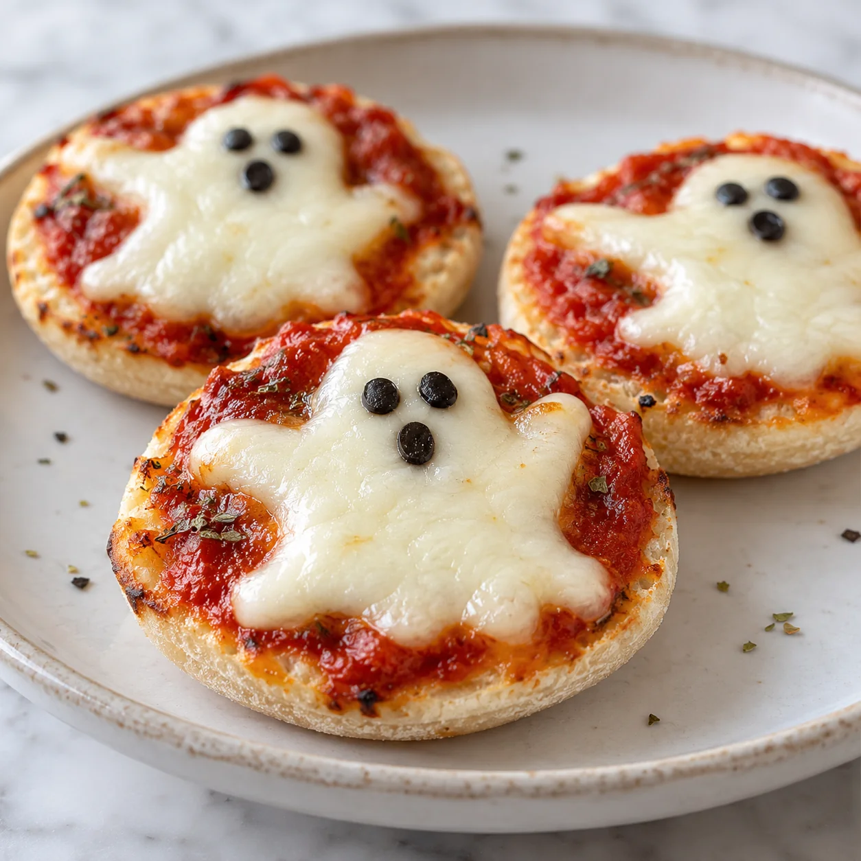 Close-up of melted mozzarella ghosts over red sauce on mini pizzas.