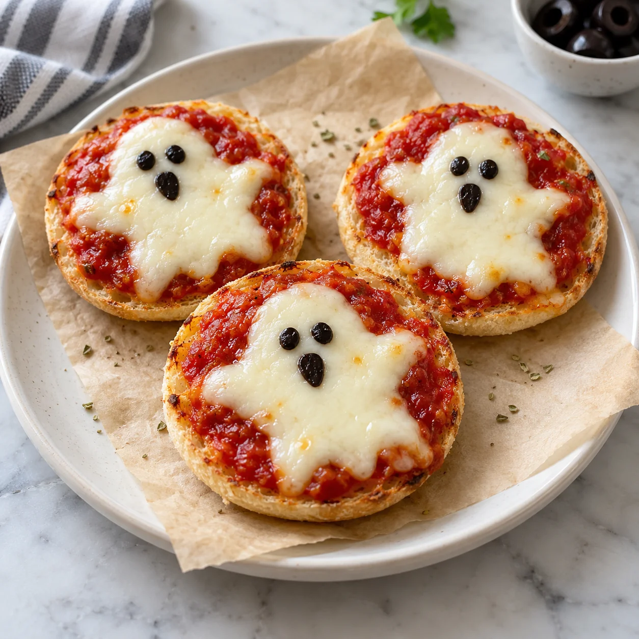 Mini Ghost Pizzas: finished dish ready to serve.