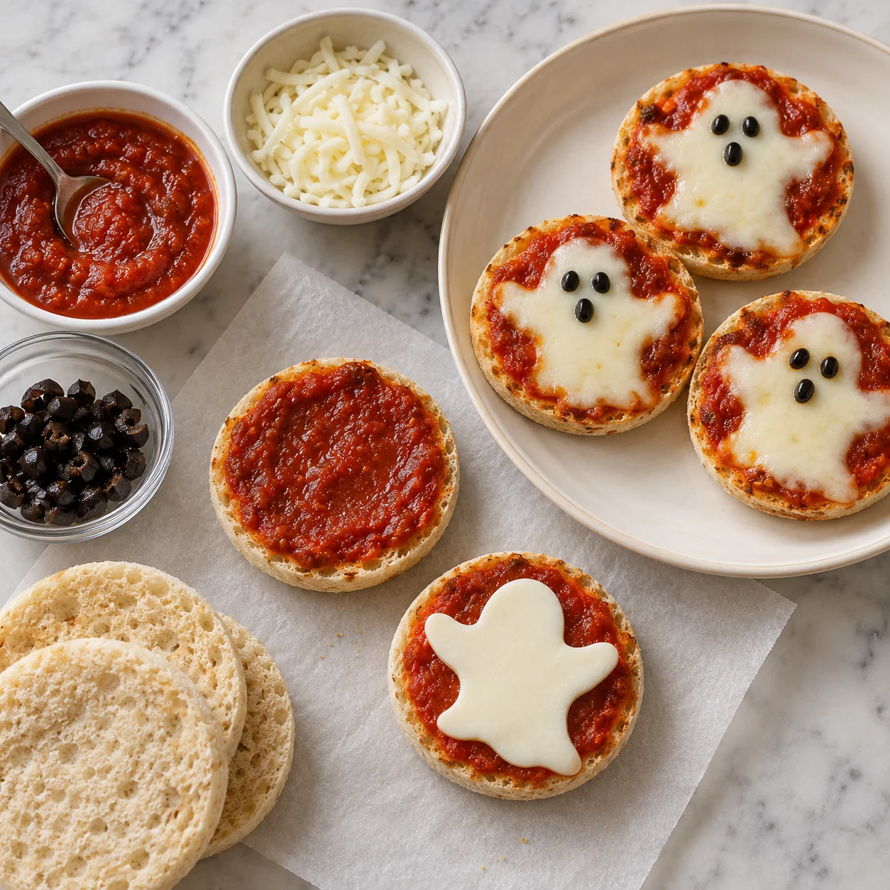 English muffins, tomato sauce and mozzarella beside partly assembled ghost pizzas.