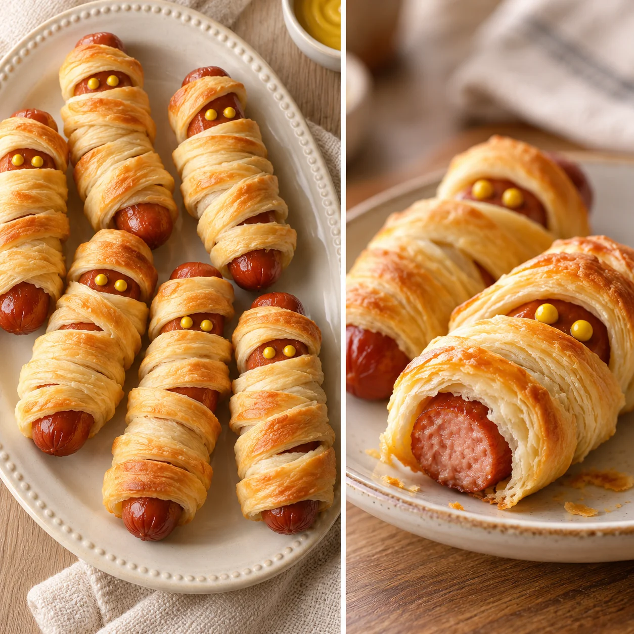 Mummy hot dogs on a platter and a close-up of flaky pastry around sausage.