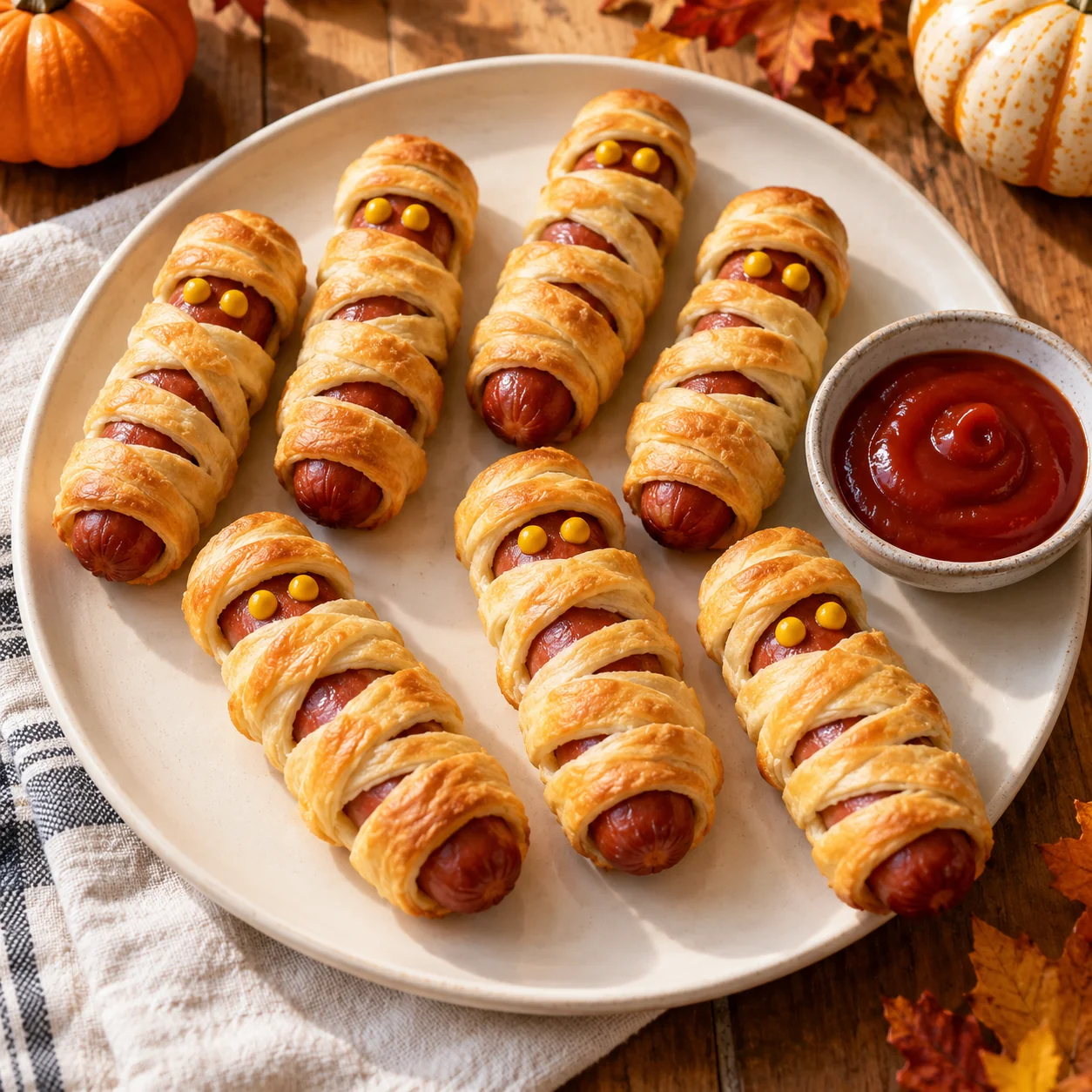 Mummy Hot Dogs: finished dish ready to serve.