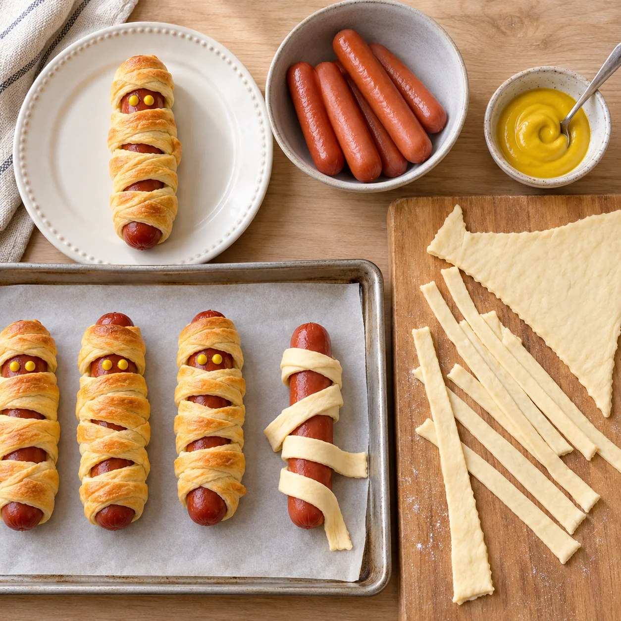 Hot dogs, mustard and crescent dough strips beside assembled mummy dogs.
