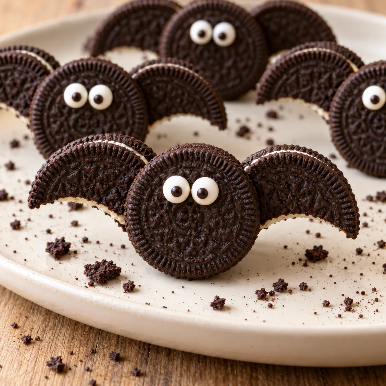 Close-up of a cookie bat showing crisp chocolate wings and candy eyes.