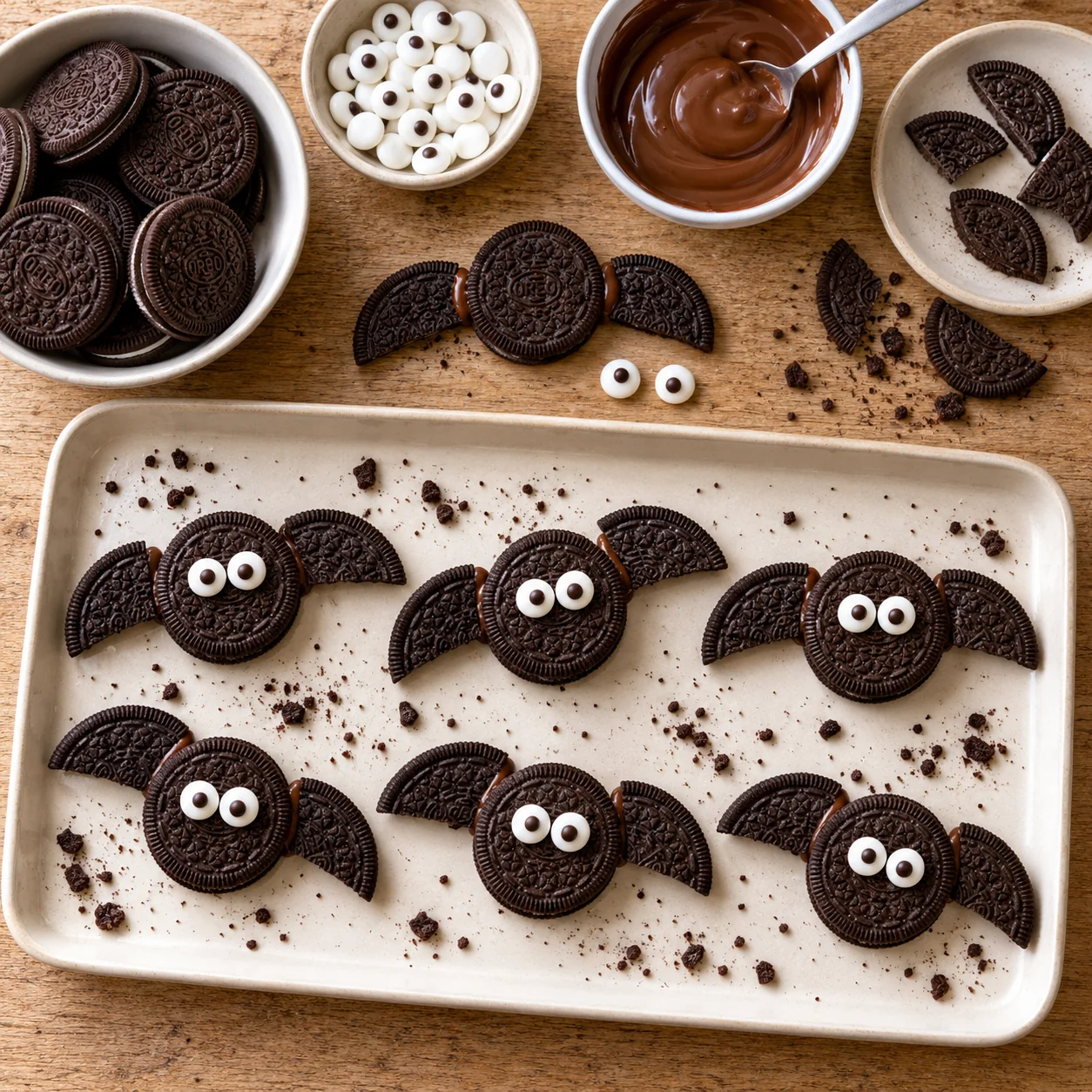Chocolate cookies, wing pieces, melted chocolate and candy eyes beside assembled bats.