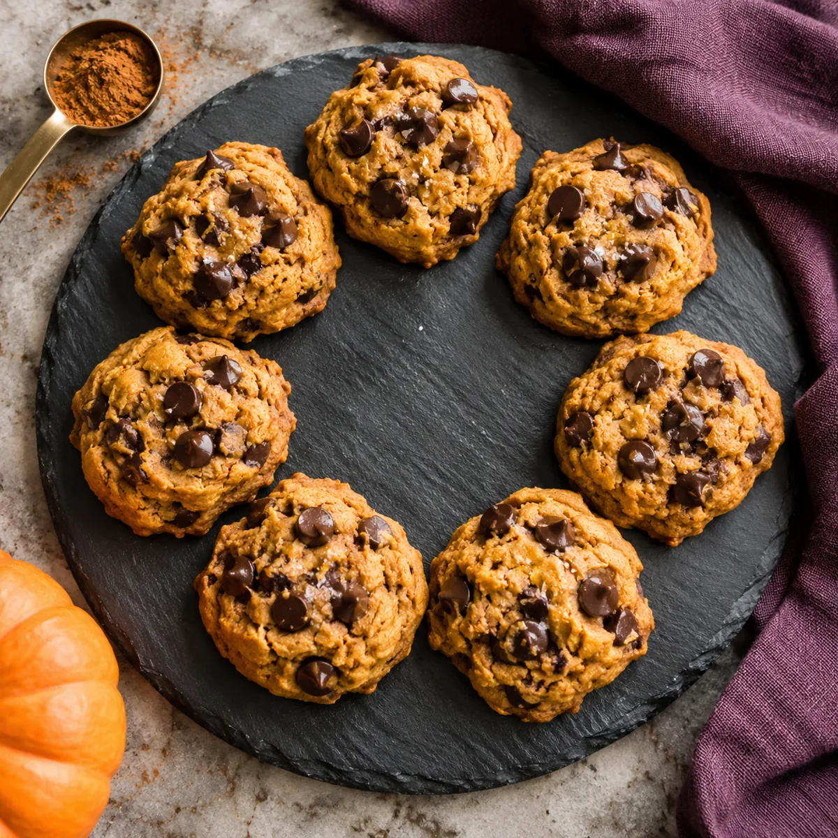 Orange pumpkin chocolate chip cookies arranged on a dark round slate platter beside cinnamon and a small pumpkin.