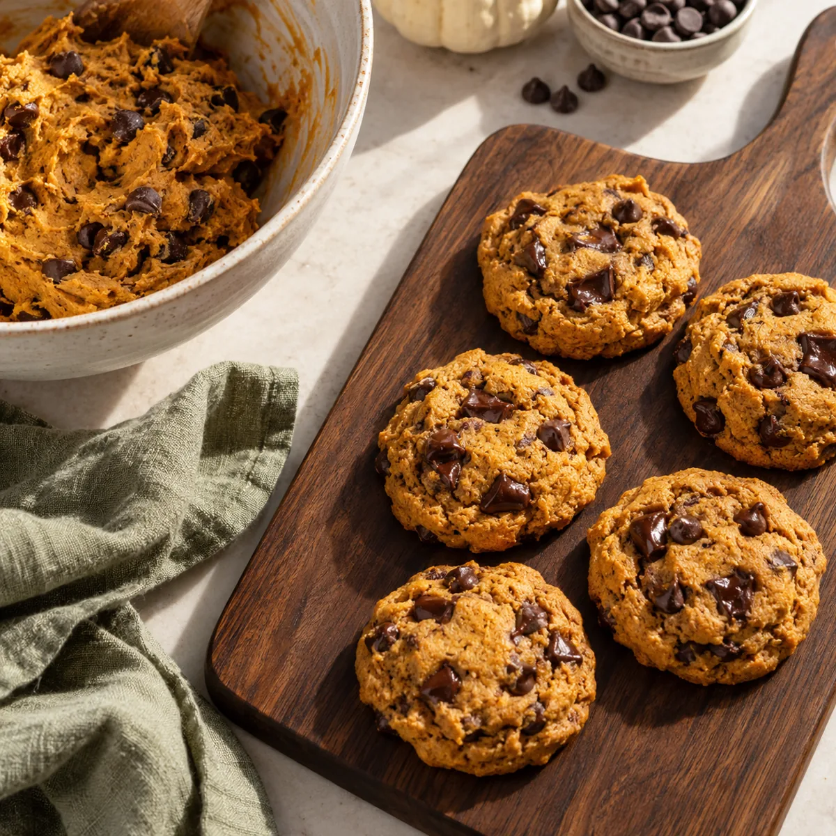 Pumpkin chocolate chip cookie dough in a mixing bowl beside baked cookies on a walnut serving board.