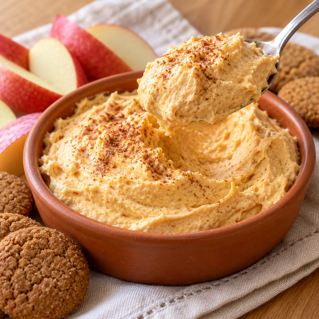 A spoonful of creamy pumpkin dip lifted above a terracotta serving bowl.