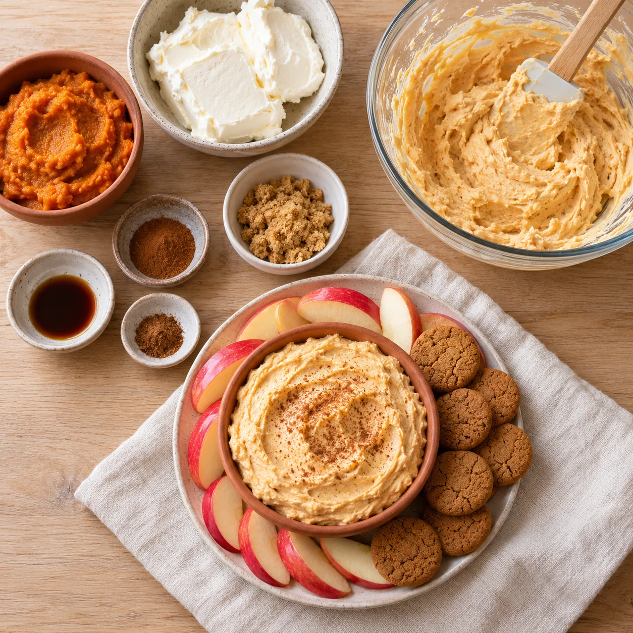 Pumpkin puree, cream cheese, brown sugar and spice beside a bowl of pumpkin dip.