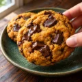 A golden pumpkin chocolate chip cookie held above a green ceramic plate, showing glossy dark chocolate chunks.