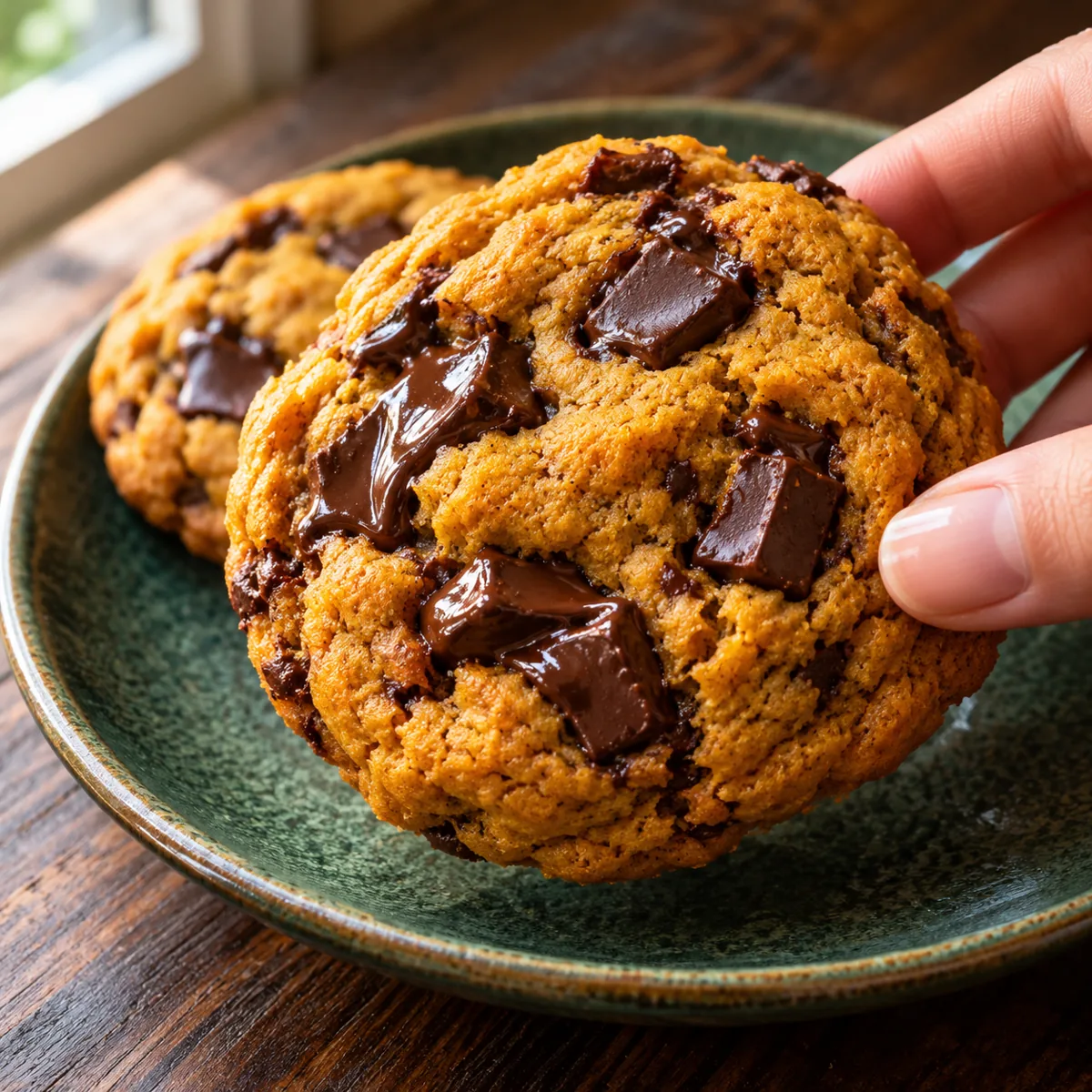 A golden pumpkin chocolate chip cookie held above a green ceramic plate, showing glossy dark chocolate chunks.