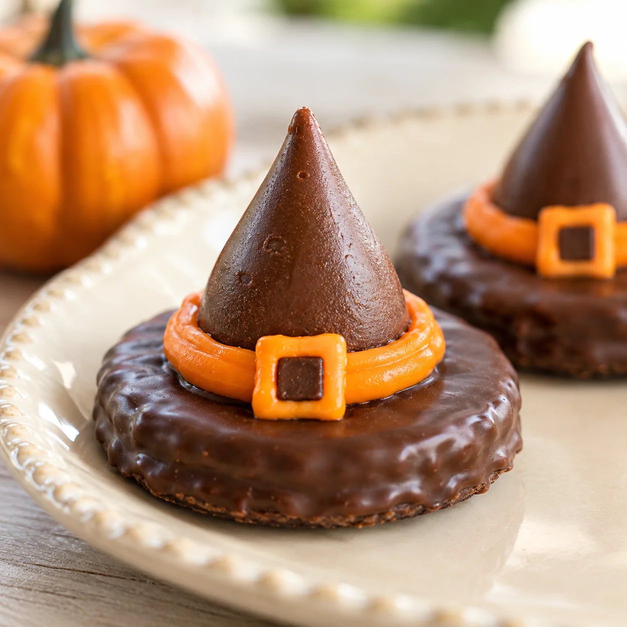 Close-up of a chocolate witch hat cookie with an orange frosting band and buckle.