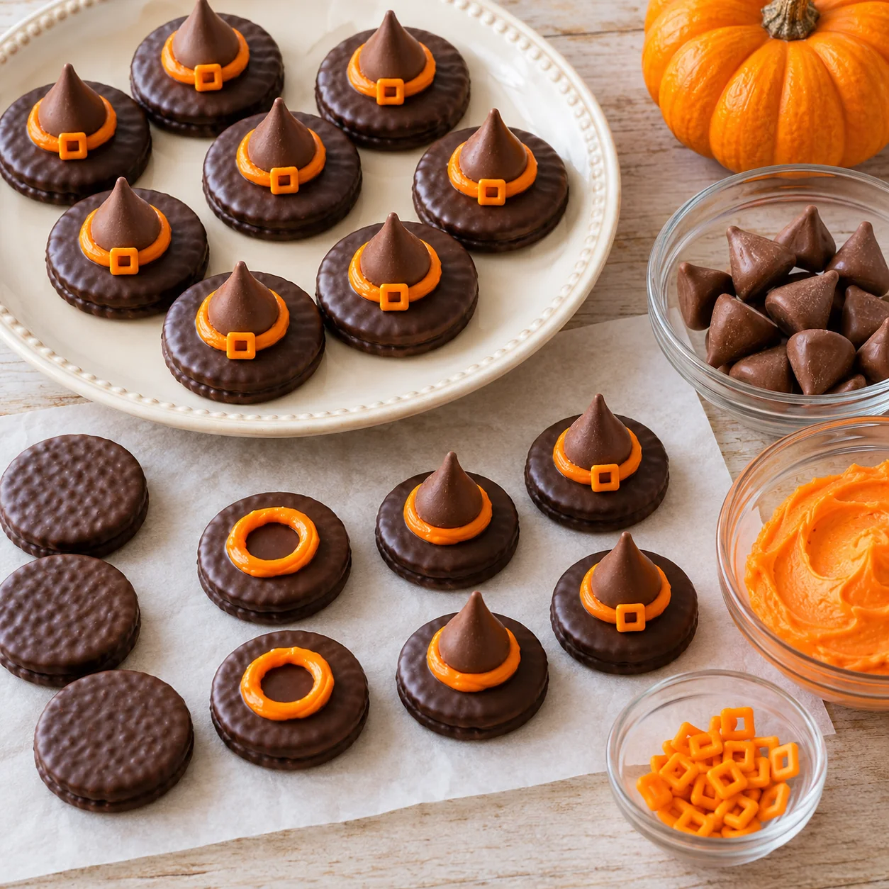 Chocolate cookies, pointed chocolates and orange frosting beside assembled witch hats.