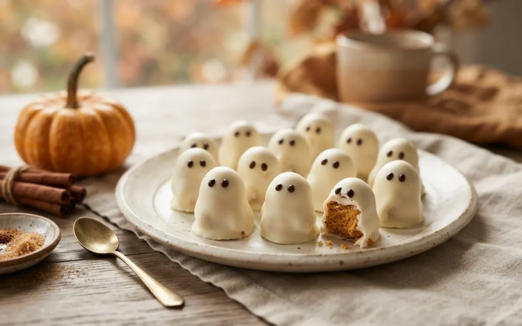 White chocolate pumpkin cheesecake ghost truffles on a plate with autumn decorations