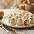 White chocolate pumpkin cheesecake ghost truffles on a plate with autumn decorations
